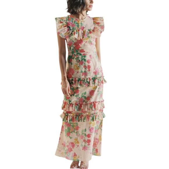 Damaris Bailey Rosita Maxi Dress Sleeveless Ruffles Cotton Floral Peach Multi M - Picture 1 of 12